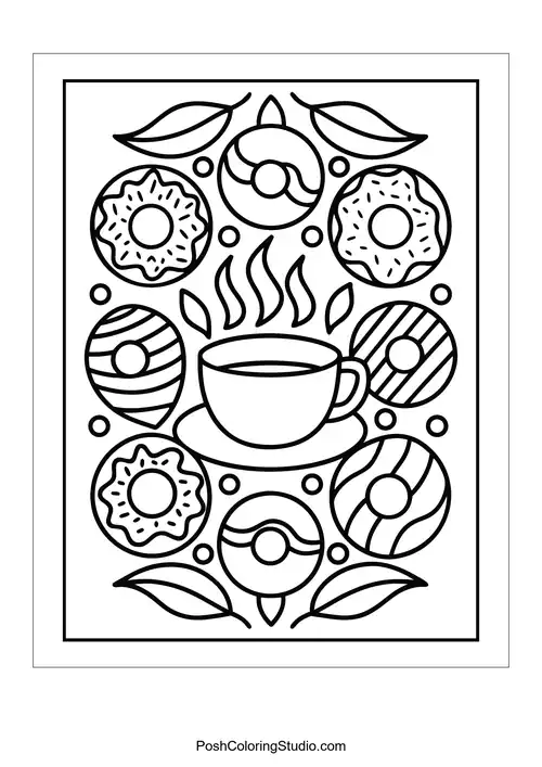A coffee cup surrounded by donuts with various patterns.