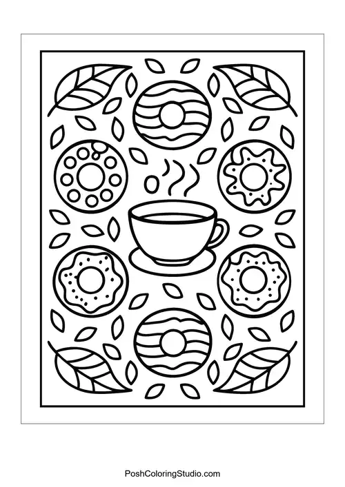 A coffee cup with decorative donuts and swirling steam.