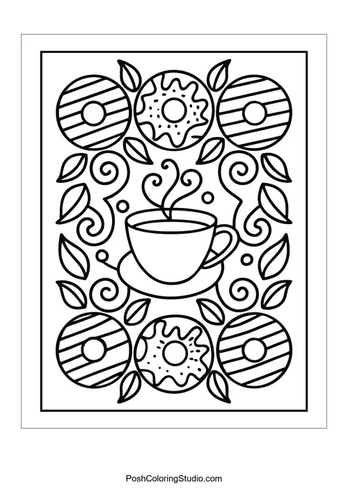 A coffee cup surrounded by donuts and decorative leaves.