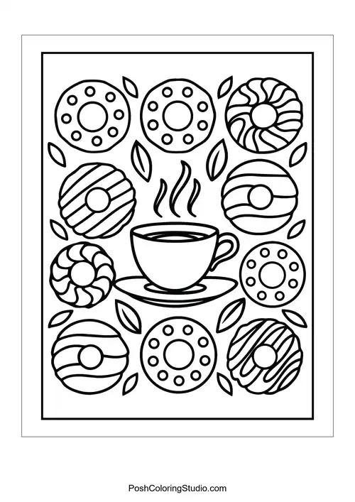 A coffee cup with donuts featuring different designs around it.