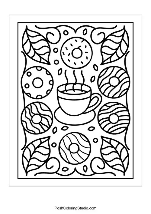A coffee cup with decorative donuts and swirling steam above.