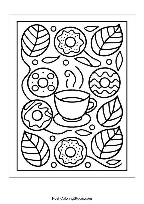 A coffee cup surrounded by donuts with various patterns.