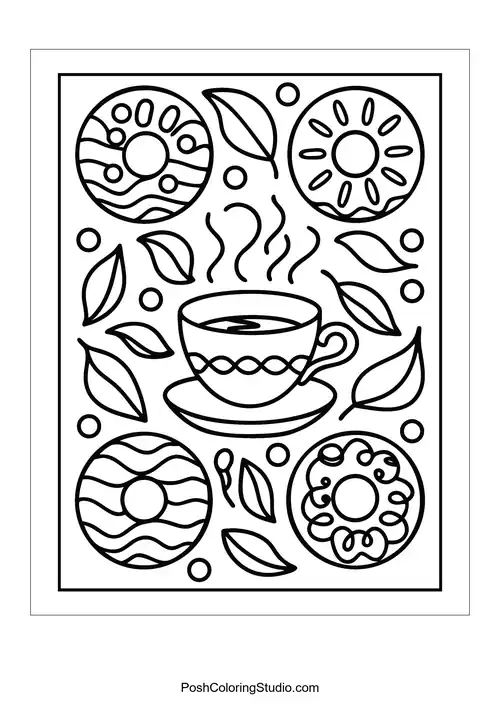 A coffee cup with decorative donuts and swirling steam.