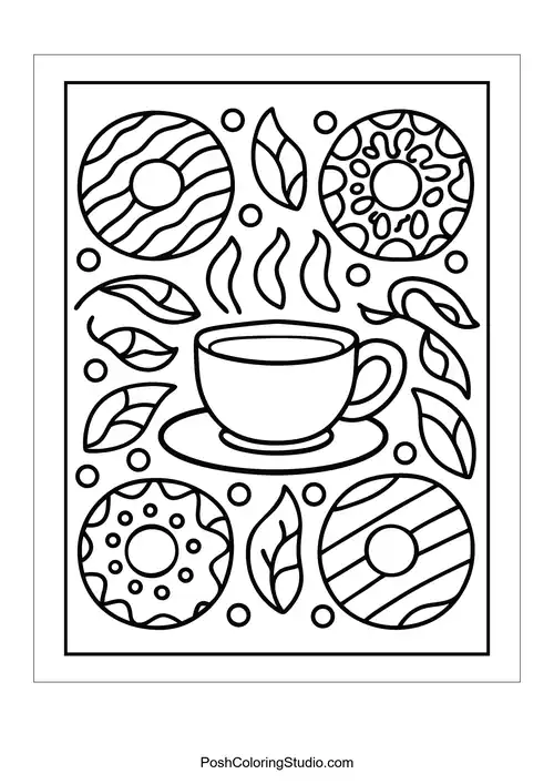 A coffee cup surrounded by donuts and decorative leaves.