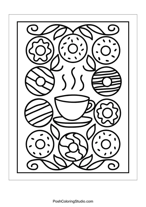 A coffee cup with donuts featuring different designs around it.