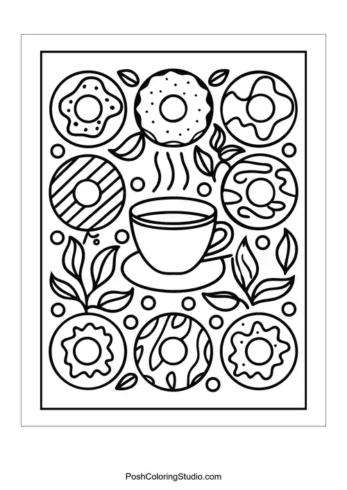 A coffee cup on a plate with various donuts around it.