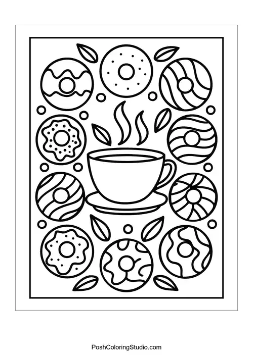 A coffee cup surrounded by donuts with various patterns.