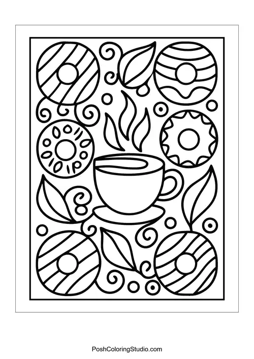 A coffee cup with decorative donuts and swirling steam.