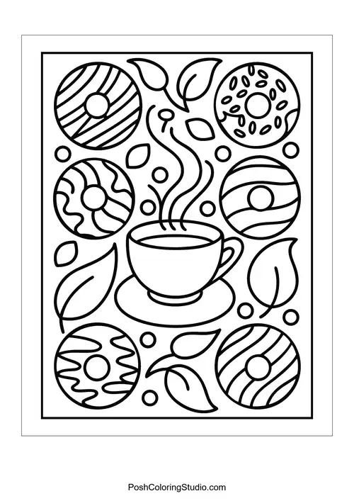 A coffee cup surrounded by donuts and decorative leaves.