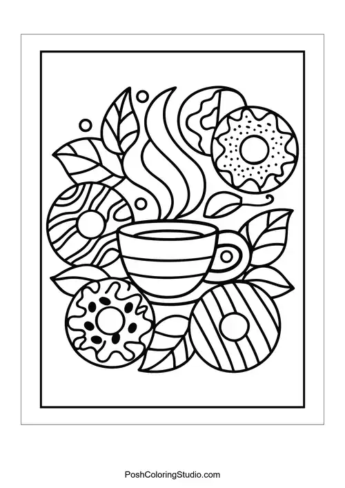 A coffee cup with donuts featuring different designs around it.