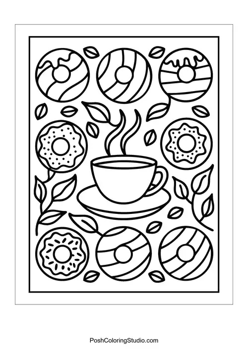 A coffee cup with decorative donuts and swirling steam above.