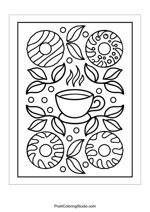 A coffee cup surrounded by donuts with various patterns.