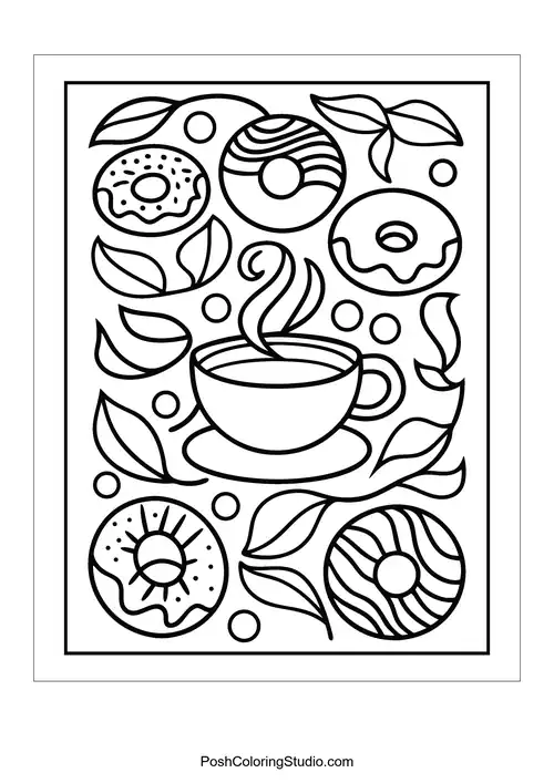 A coffee cup with decorative donuts and swirling steam.