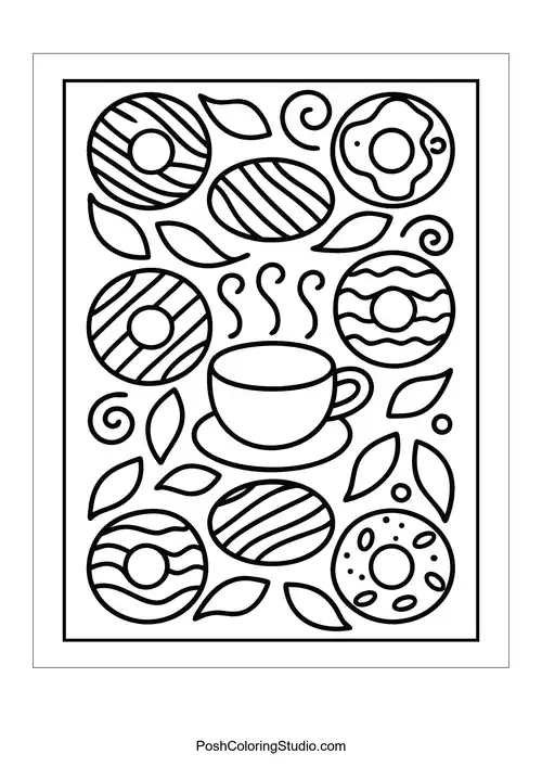 A coffee cup surrounded by donuts and decorative leaves.