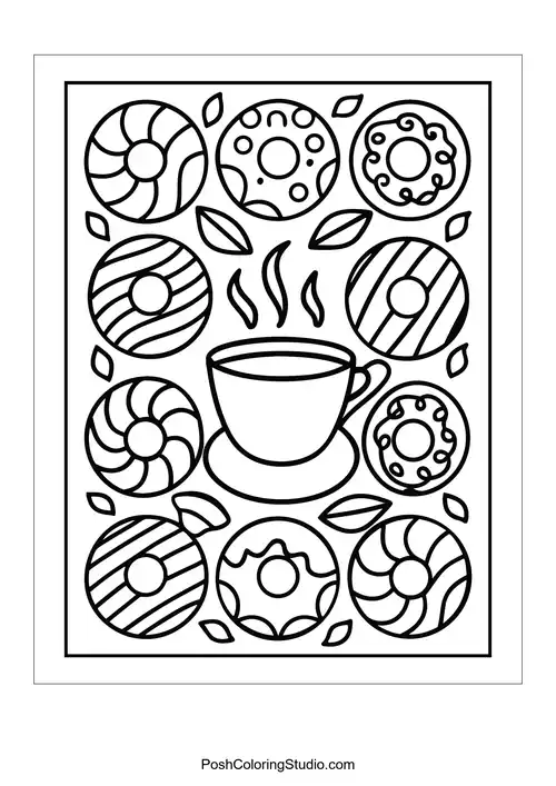 A coffee cup with donuts featuring different designs around it.