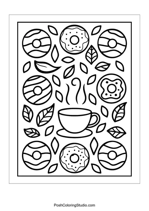 A coffee cup with decorative donuts and swirling steam above.
