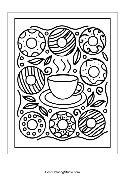 A cup of coffee with decorative donuts and swirling steam.