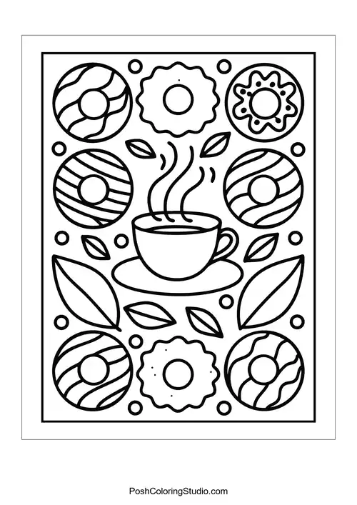A coffee cup surrounded by donuts with various patterns.