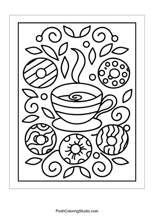 A coffee cup with decorative donuts and swirling steam.
