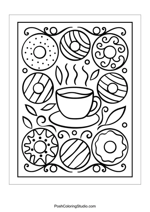 A coffee cup surrounded by donuts and decorative leaves.