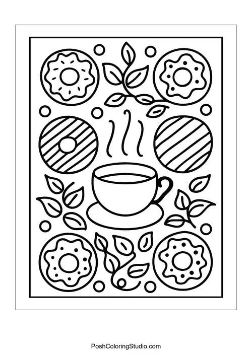 A coffee cup with donuts featuring different designs around it.