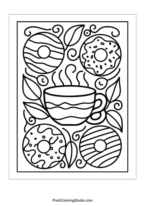 A coffee cup with decorative donuts and swirling steam above.