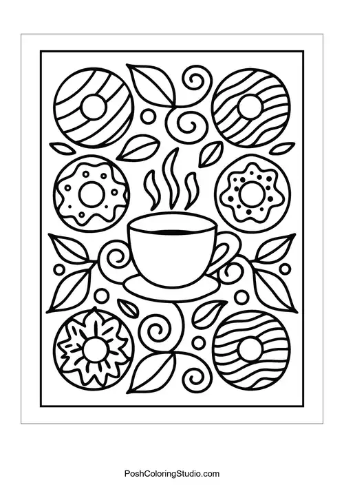 A coffee cup surrounded by donuts with various patterns.