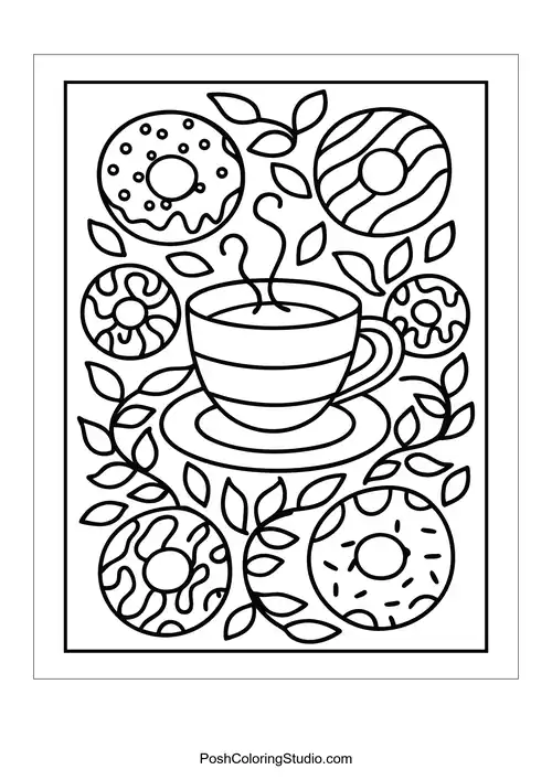 A coffee cup with decorative donuts and swirling steam.