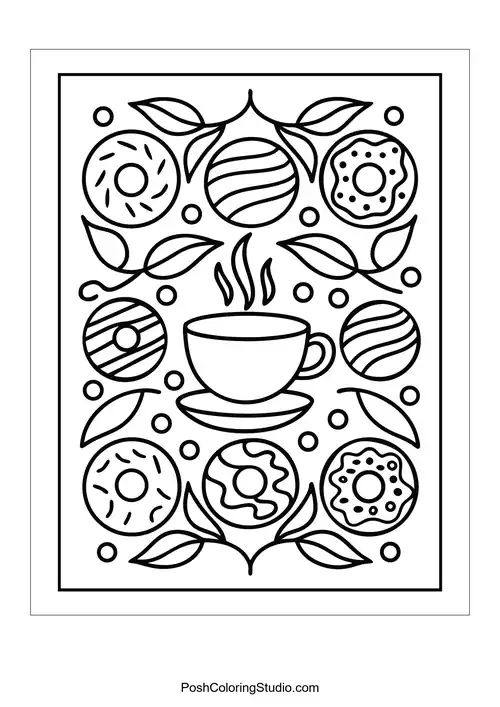 A coffee cup surrounded by donuts and decorative leaves.