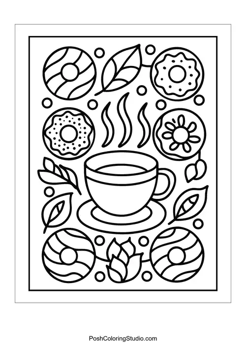 A coffee cup with donuts featuring different designs around it.
