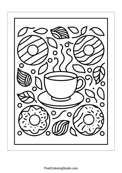 A coffee cup with decorative donuts and swirling steam above.