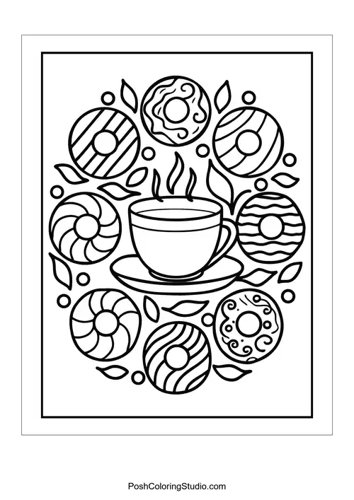 A coffee cup with donuts featuring different patterns around it.