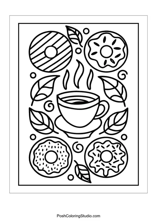 A coffee cup surrounded by decorative donuts and leaves.
