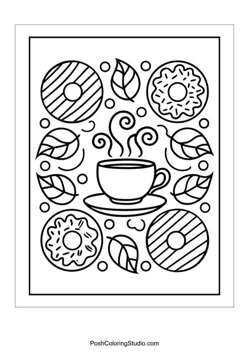 A steaming coffee cup with donuts and decorative leaves.