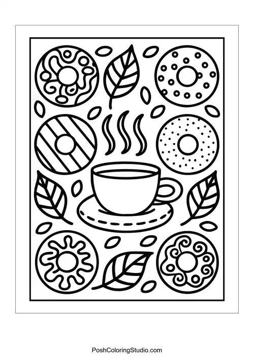 A coffee cup surrounded by various donuts and leaves.