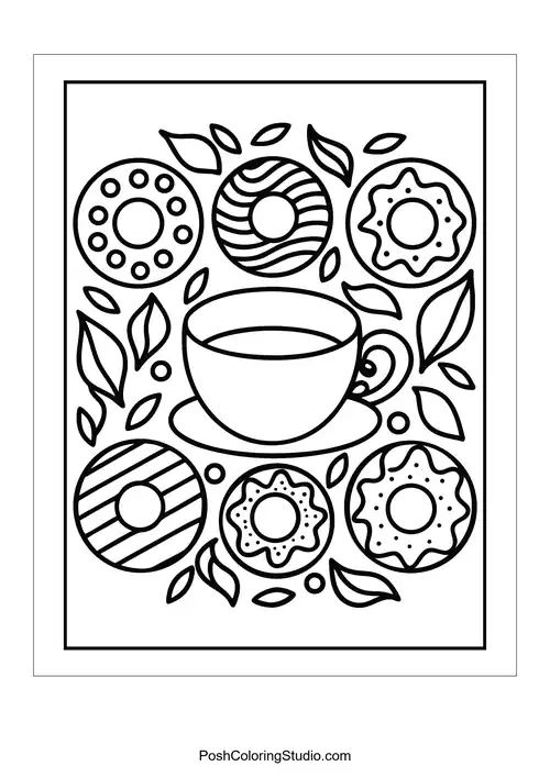 A coffee cup on a plate with a variety of donuts around it.