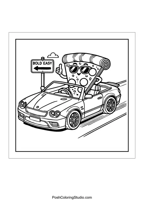 A pizza slice driving a convertible car.