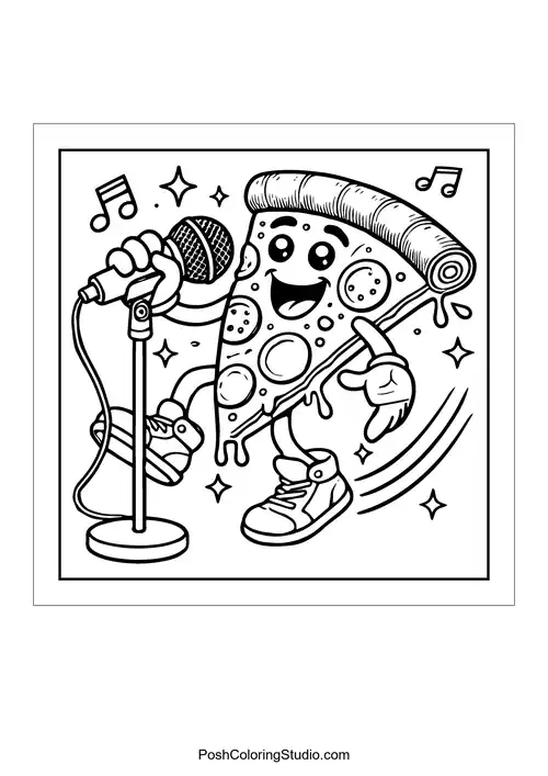 A pizza slice singing into a microphone.