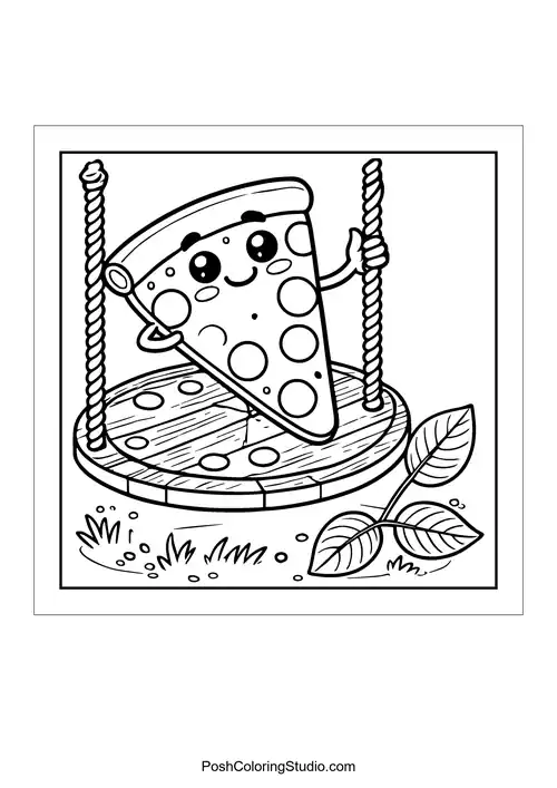 A pizza slice swinging on a swing set.