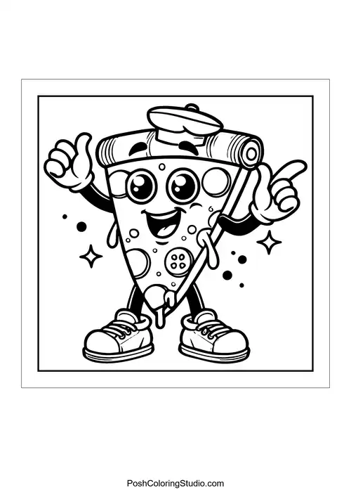 A pizza slice standing proudly with a thumbs up.