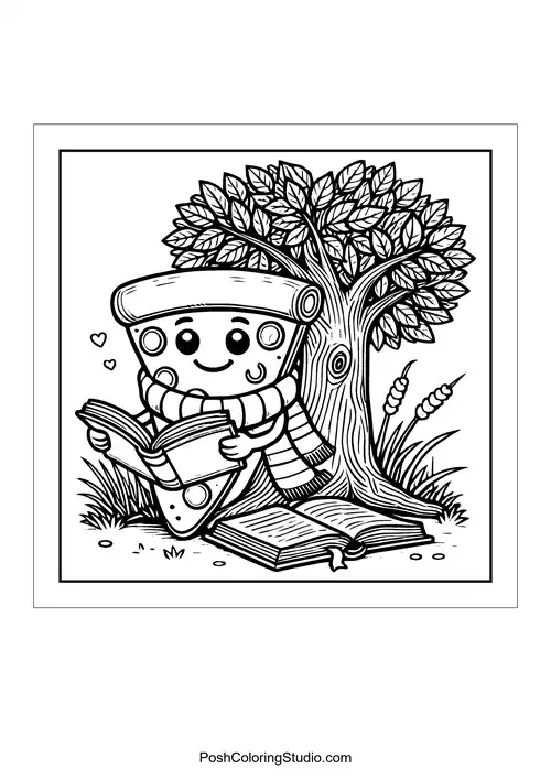 A pizza slice reading a book under a tree.