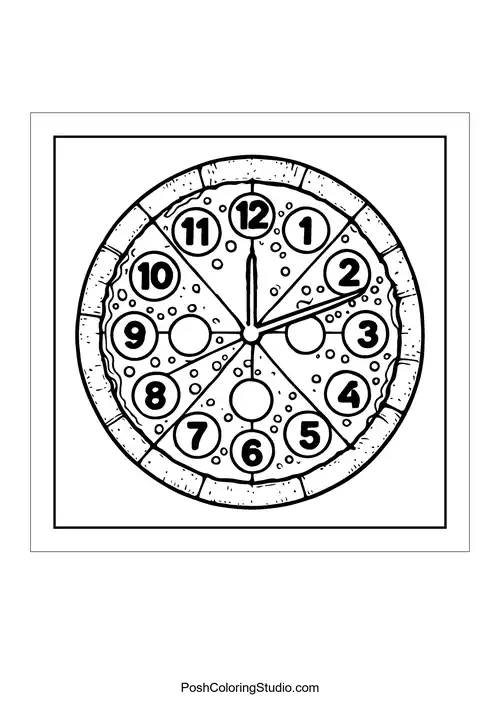 A clock made of pizza with numbers.