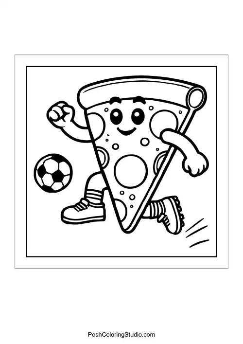 A pizza slice playing soccer with a ball.