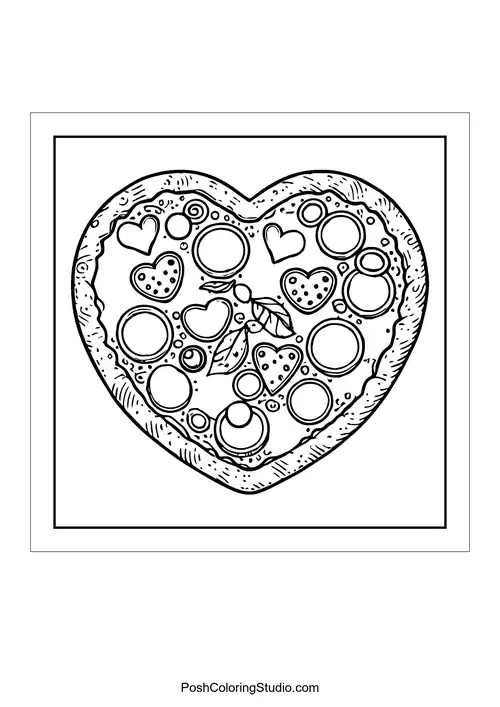 A heart-shaped pizza with toppings.