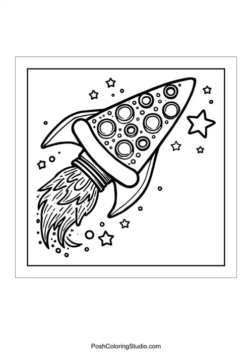 A rocket ship shaped like a pizza flying in space.