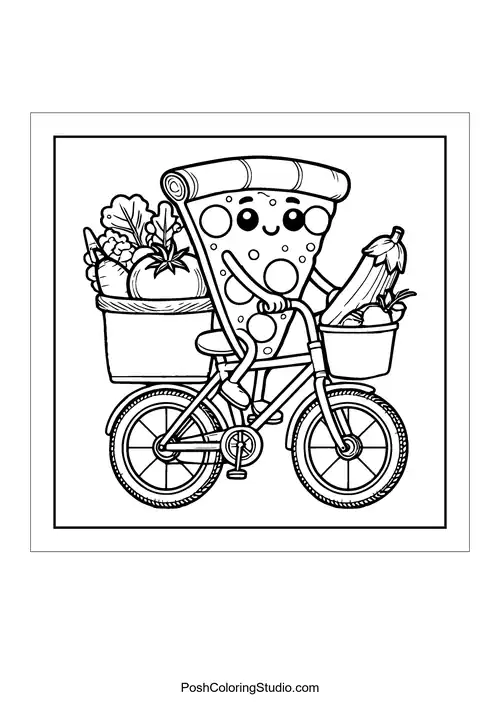 A slice of pizza riding a bicycle with vegetables.
