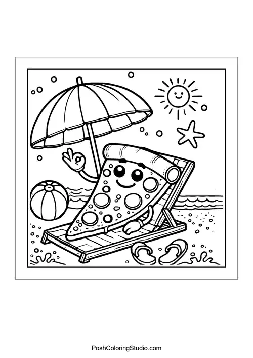 A pizza slice relaxing on a beach chair.