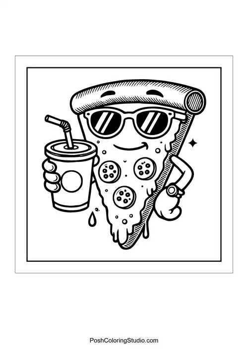 A pizza slice holding a drink and smiling.