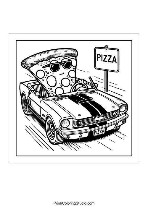 A pizza slice driving a car with sunglasses.