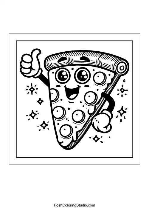 A pizza slice in a box with a cute expression.